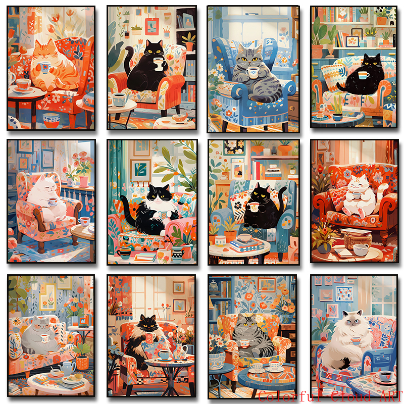 Funny Animal Cute Black Cat Wh - Coffee Tea Poster บทวิจารณ์และราคา