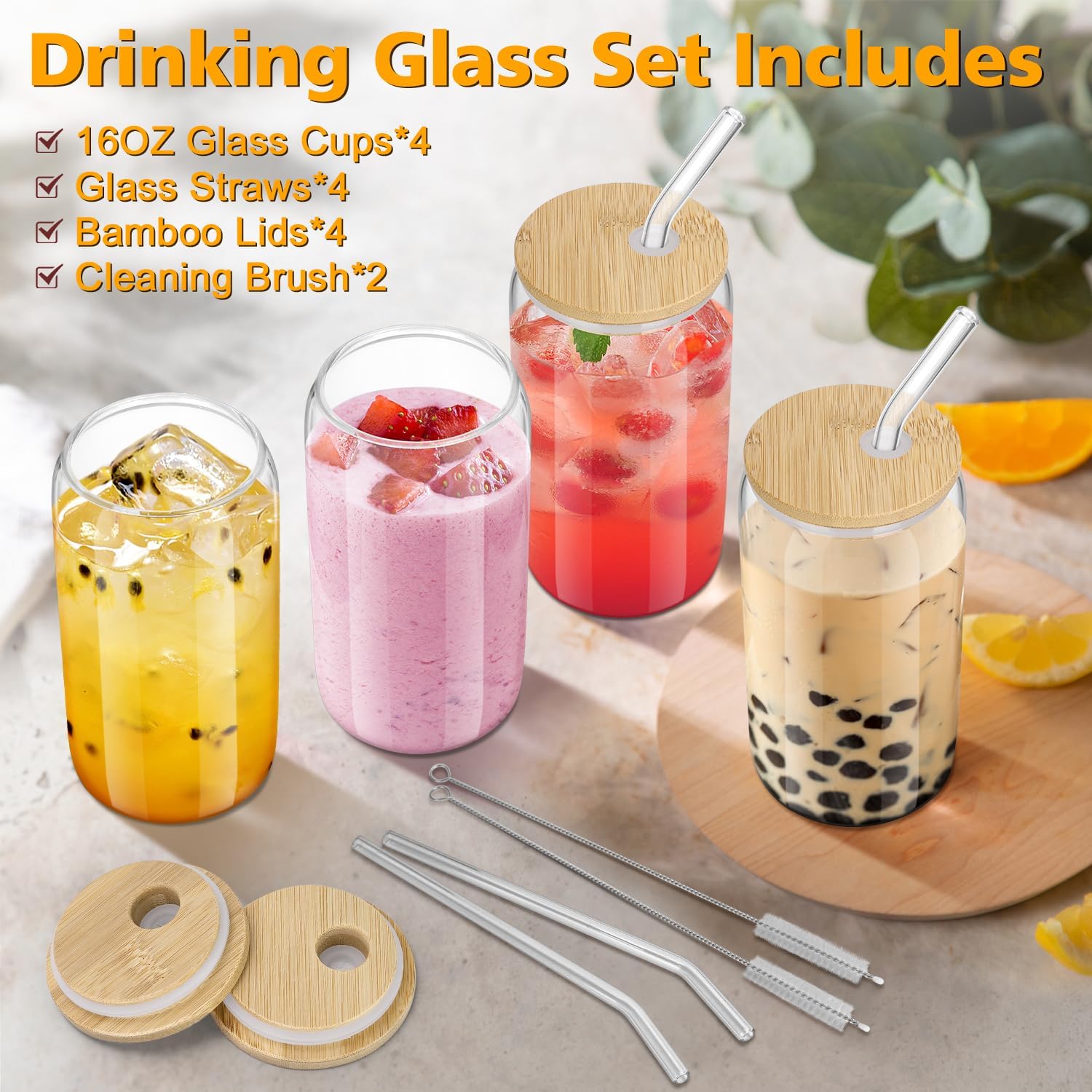 16oz Glass Cups with Bamboo Li - Coffee Tea Set บทวิจารณ์และราคา